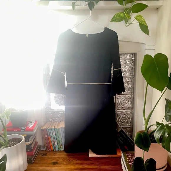 Tommy Hilfiger black dress with gold trim and bell sleeves
